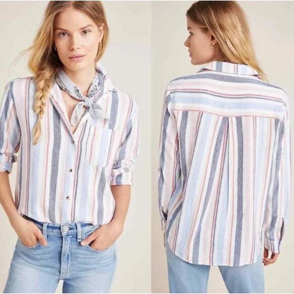 Anthropologie Maeve Chatham Striped Button Down Linen Blend Shirt - Size M - GUC - Picture 1 of 12